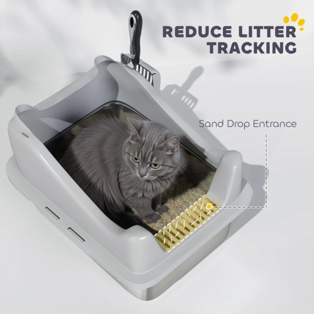 PINGGO Stainless Steel Cat Litter Box with High Sides, Metal Scoop, 43 X 33 X 25 cm, Simple, Comfortable, and Hygienic