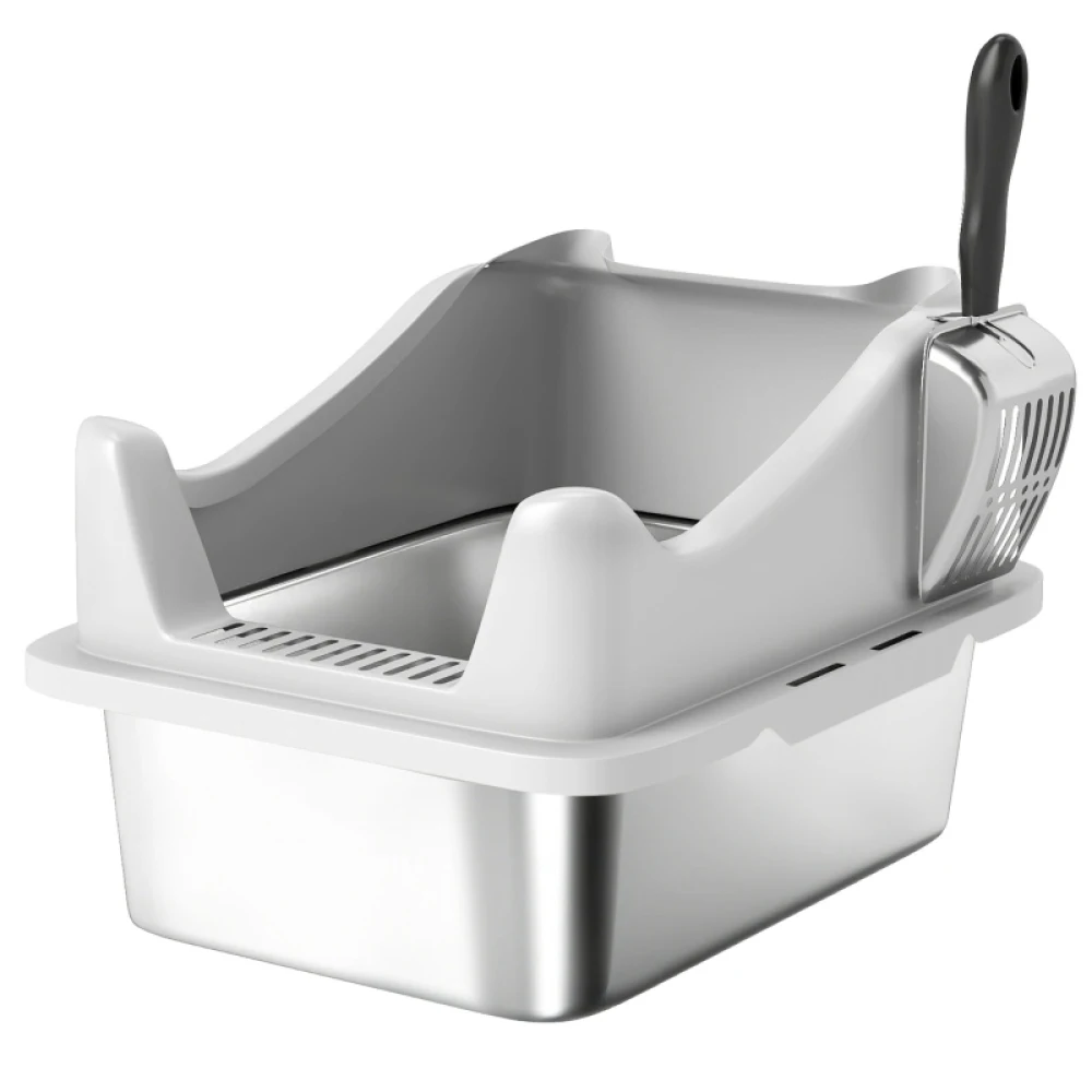 PINGGO Stainless Steel Cat Litter Box with High Sides, Metal Scoop, 43 X 33 X 25 cm, Simple, Comfortable, and Hygienic