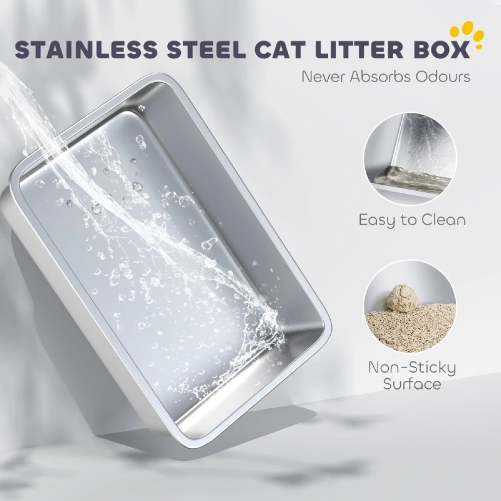 PINGGO Stainless Steel Cat Litter Box with High Sides, Metal Scoop, 43 X 33 X 25 cm, Simple, Comfortable, and Hygienic