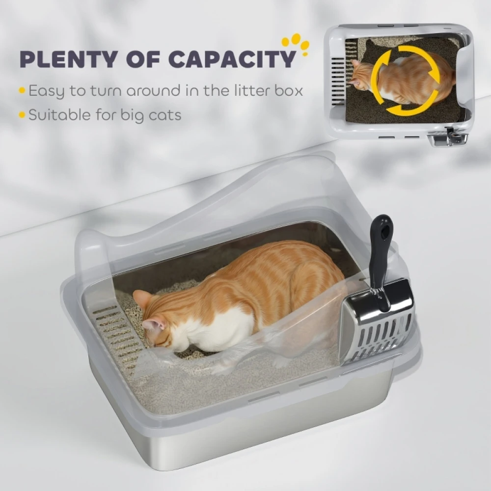 PINGGO Stainless Steel Cat Litter Box with High Sides, Metal Scoop, 43 X 33 X 25 cm, Simple, Comfortable, and Hygienic