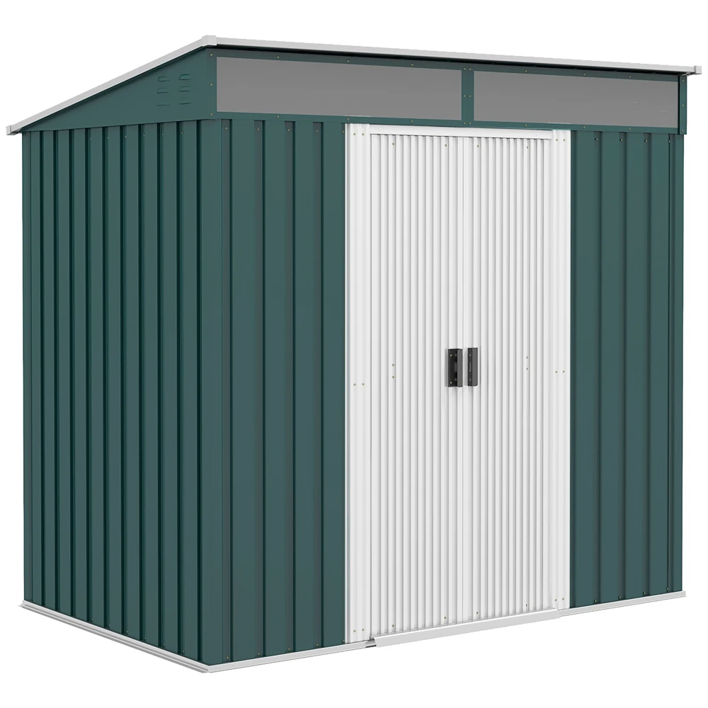 PINGGO 6.5 X 4FT Galvanised Metal Shed with Foundation Kit, Lockable Tool Garden Shed with Double Sliding Doors, Vents, Green