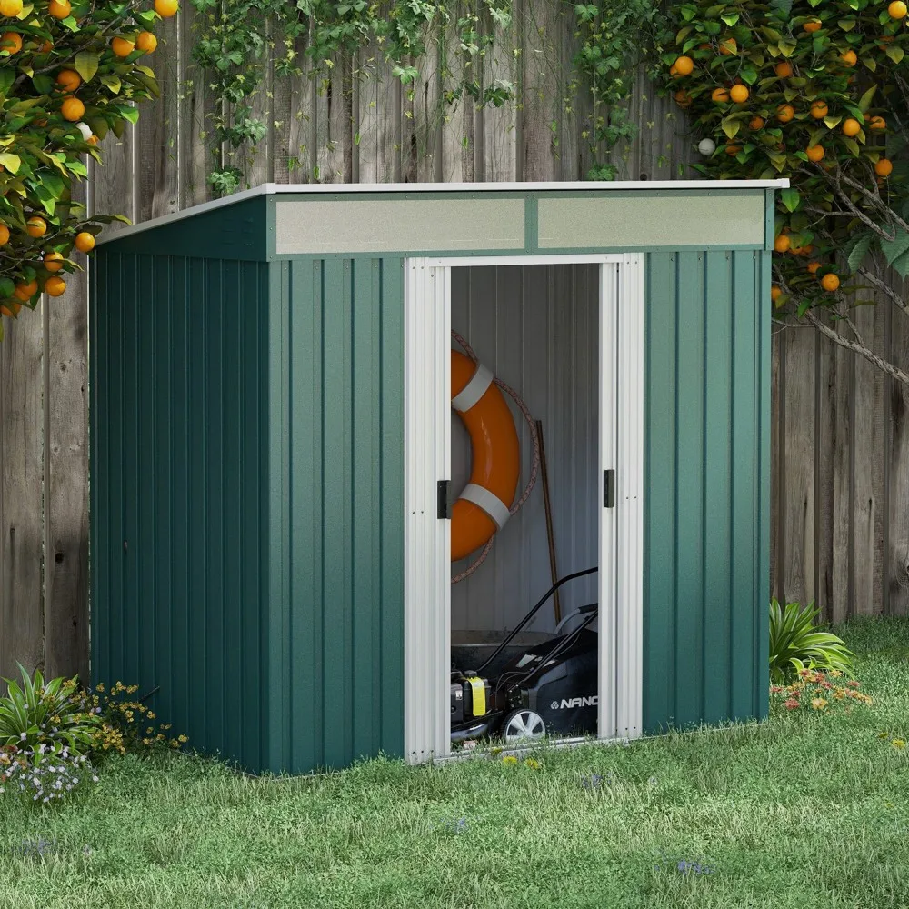 PINGGO 6.5 X 4FT Galvanised Metal Shed with Foundation Kit, Lockable Tool Garden Shed with Double Sliding Doors, Vents, Green