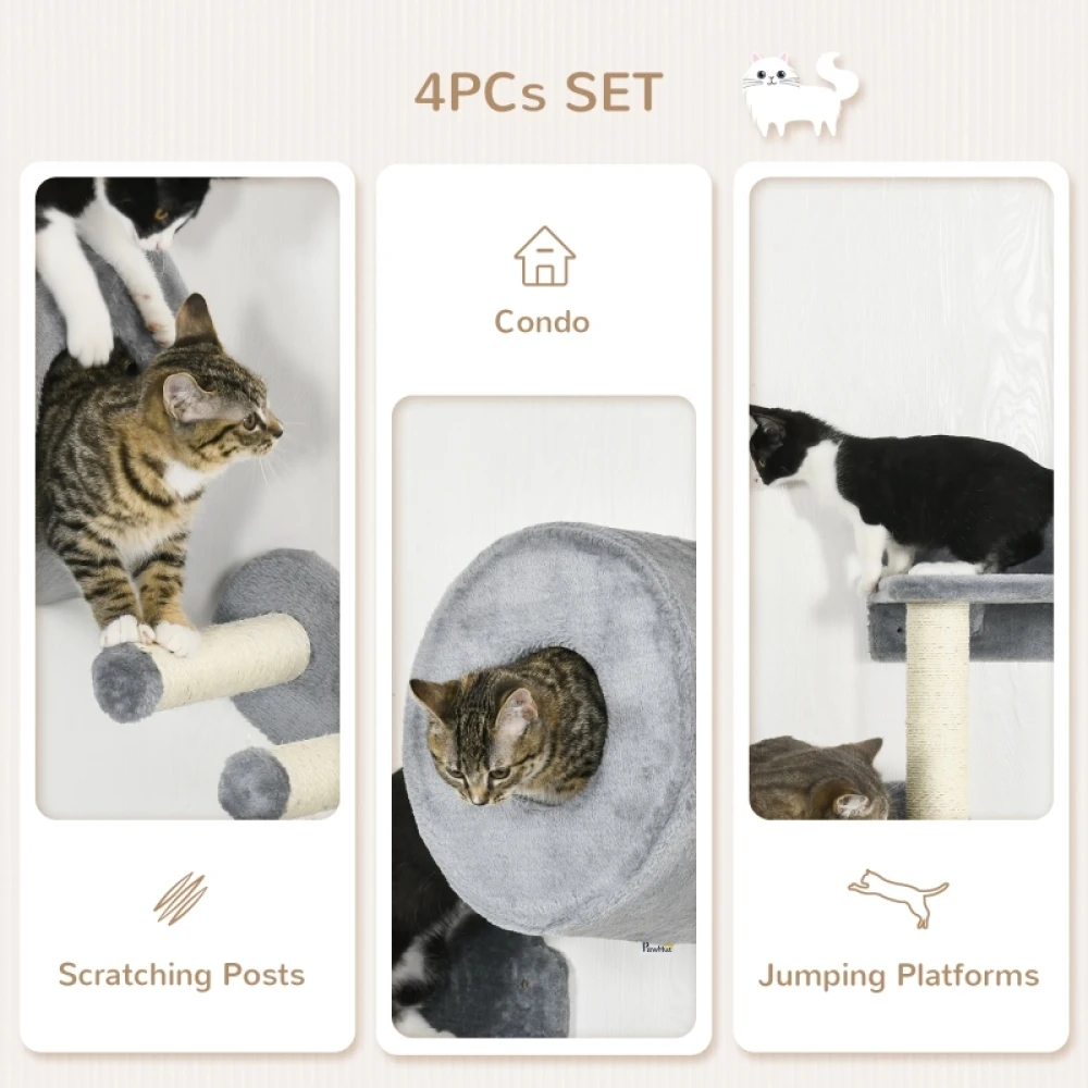 PINGGO 4PCS Wall Mounted Cat Tree, with Steps, Perch, Cat House Solid Production, Soft and Comfortable Touch