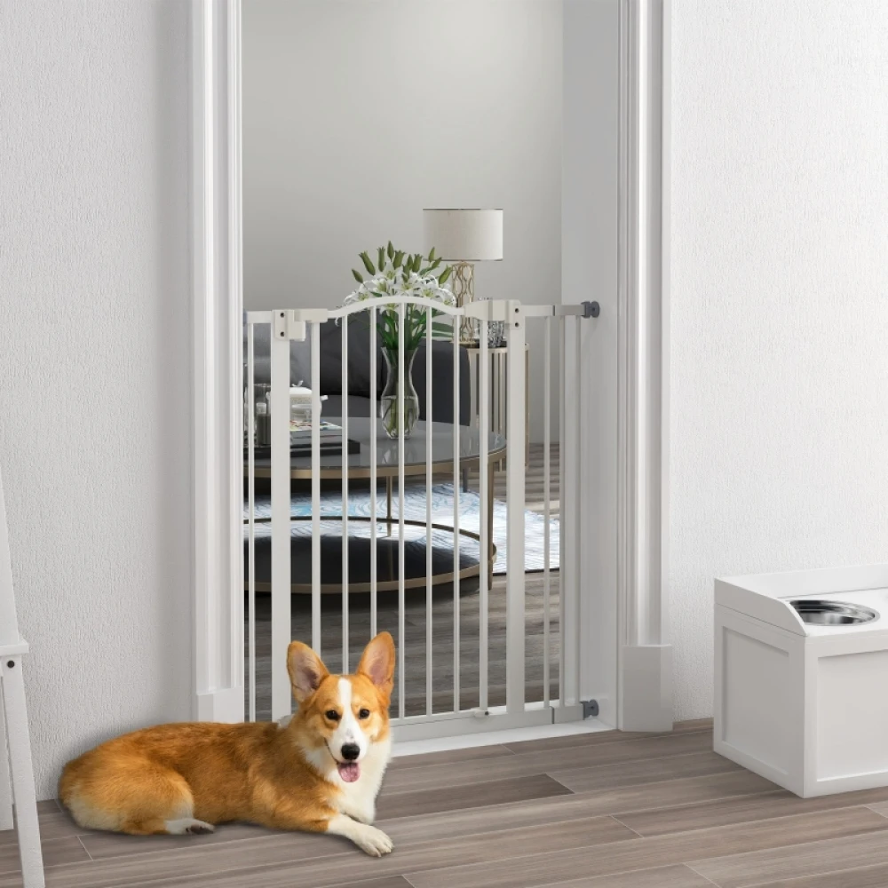 PINGGO Metal Pet Safety Gate Dog Gate Folding Fence 74-87cm, Easy To Install and Adjustable Broadband White