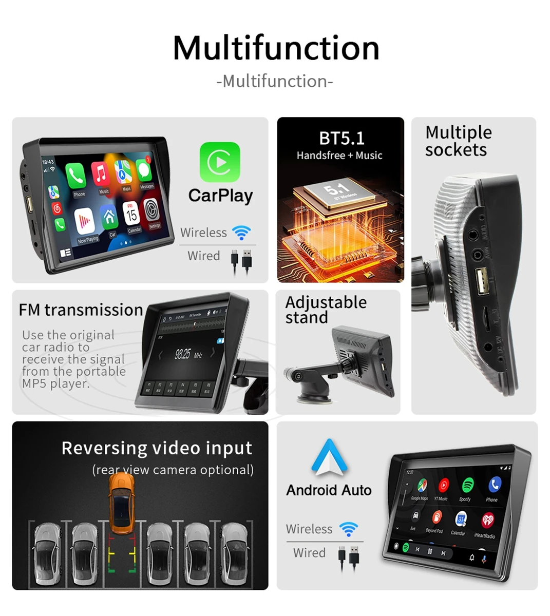 7''Car MP5 Bluetooth 5.0 GPS Navigation Mirrorlink WiFi with Carplay Android Auto Portable Stereo Radio for Automobile