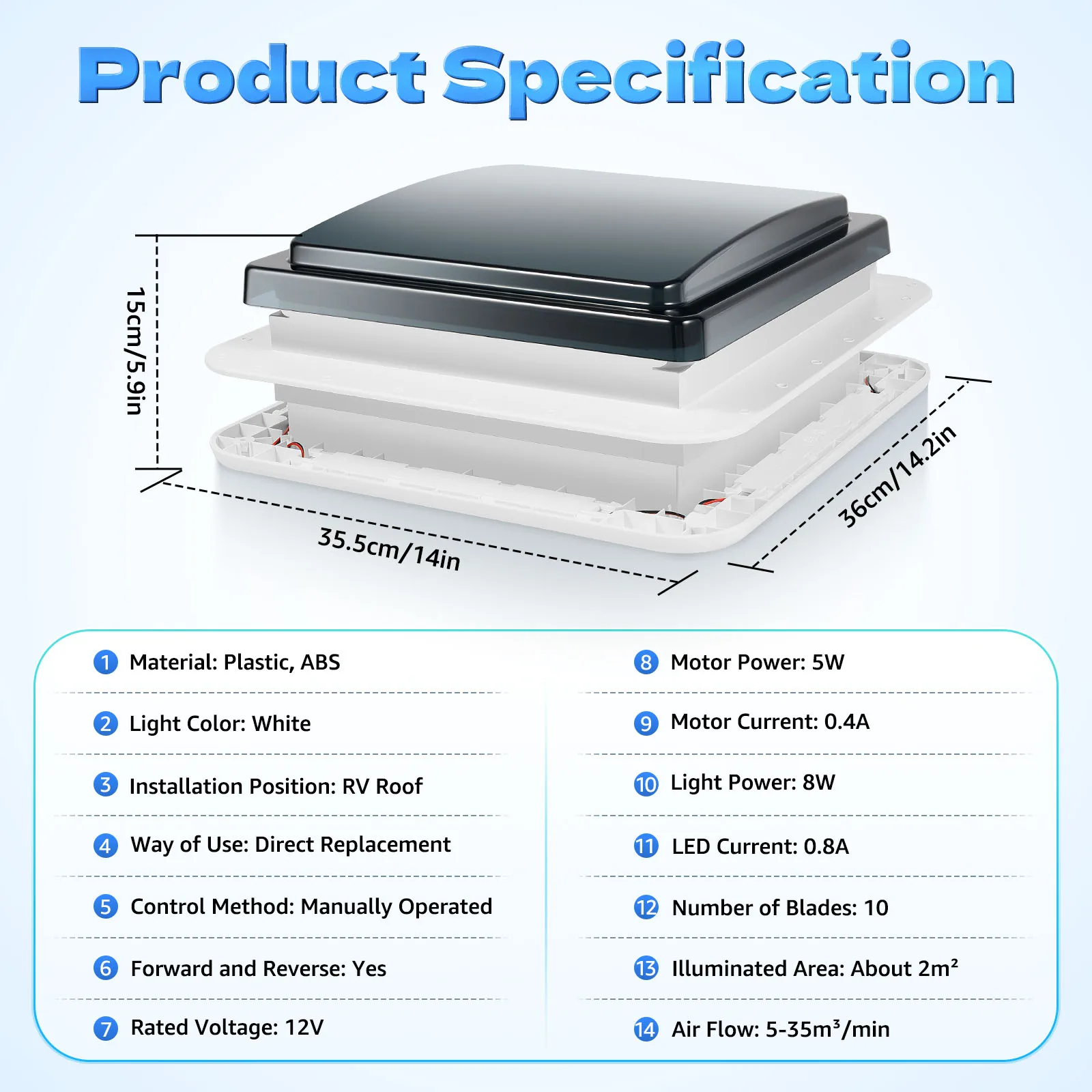 12V Skylight RV Ventilation Fan Caravan Ventilation Vent Fan With LED Light 280x280mm For RVs And Recreational Vehicles