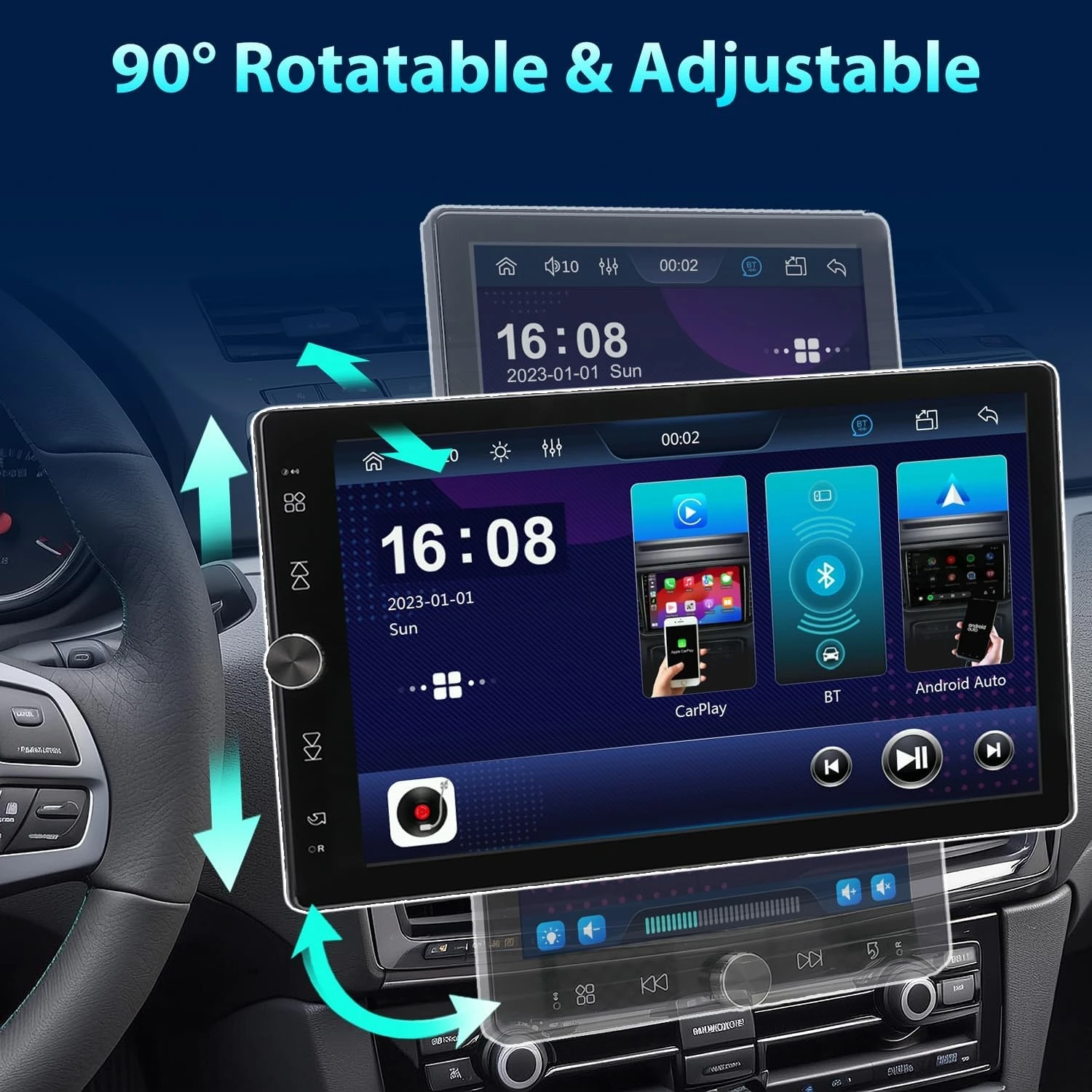 Universal Single Din Car Stereo Rotatable Screen with Carplay Android Auto 10.4inch Bluetooth FM/AM/RDS USB/AUX/SD Backup Camera
