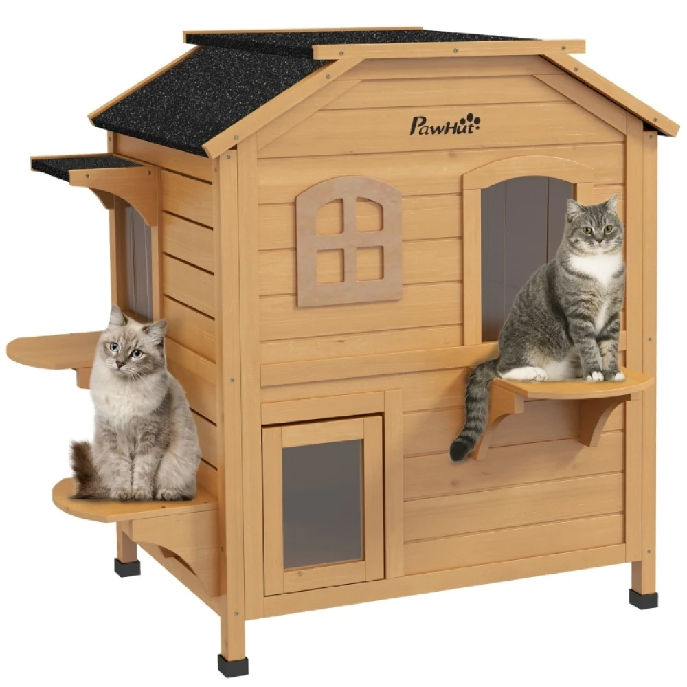 Cat House Outdoor, Weatherproof Wooden Cat Enclosure for Feral Cats, Openable Roof, Jumping Platforms, Natural Wood Finish