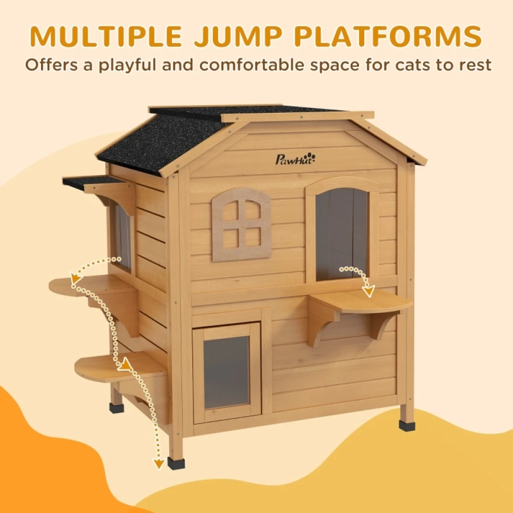 Cat House Outdoor, Weatherproof Wooden Cat Enclosure for Feral Cats, Openable Roof, Jumping Platforms, Natural Wood Finish