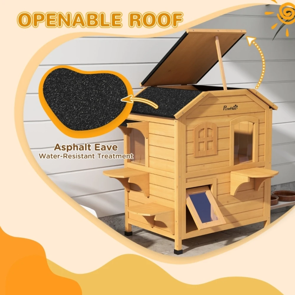 Cat House Outdoor, Weatherproof Wooden Cat Enclosure for Feral Cats, Openable Roof, Jumping Platforms, Natural Wood Finish