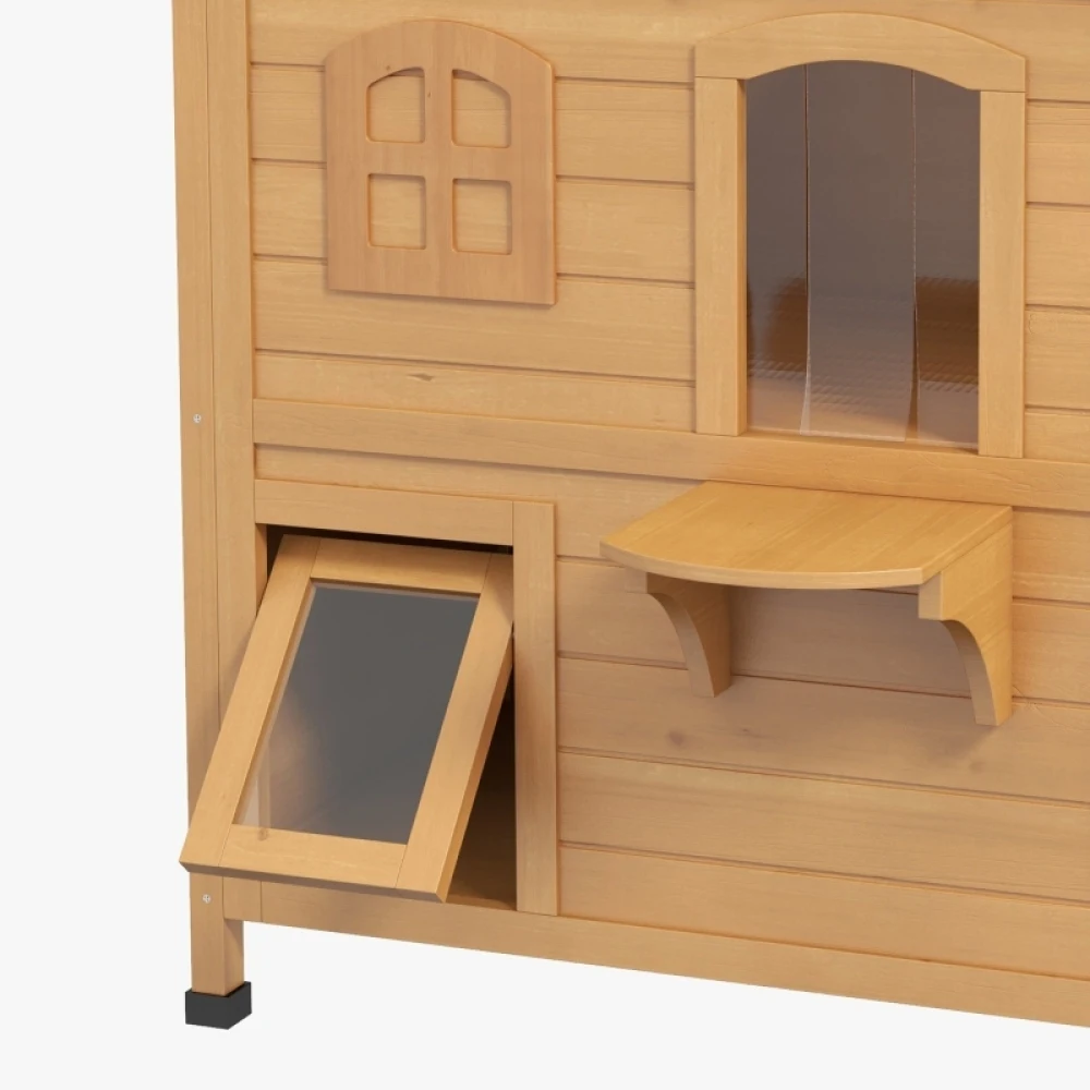 Cat House Outdoor, Weatherproof Wooden Cat Enclosure for Feral Cats, Openable Roof, Jumping Platforms, Natural Wood Finish