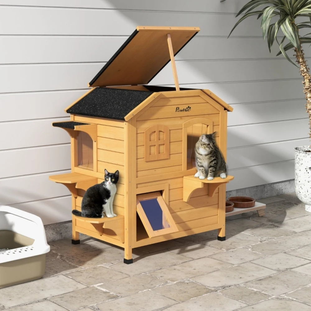 Cat House Outdoor, Weatherproof Wooden Cat Enclosure for Feral Cats, Openable Roof, Jumping Platforms, Natural Wood Finish