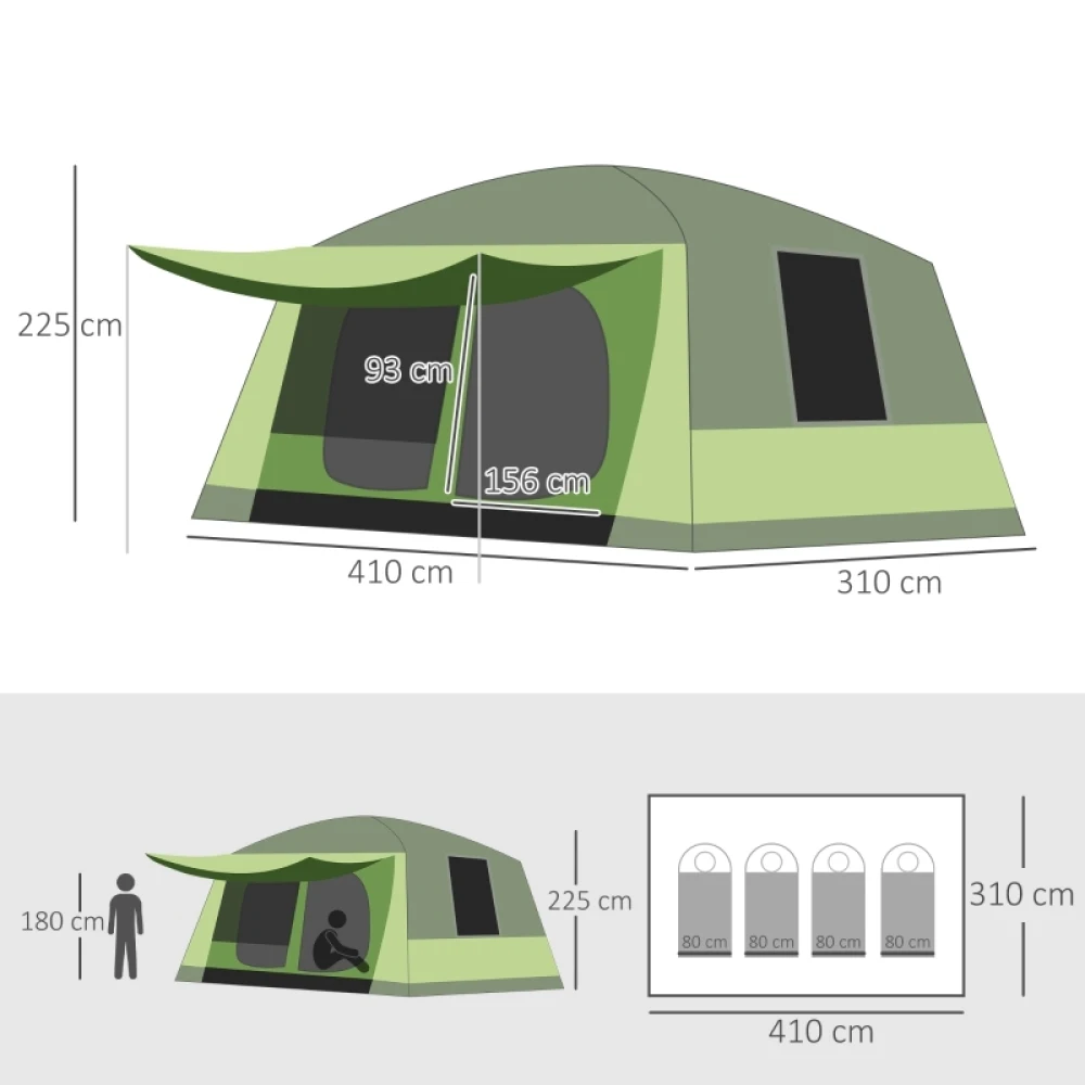Tunnel Tent Camping Shelter W/ Porch, Two Rooms, Lamp Hook, Portable Carry Bag, Lightweight, High-Strength, and Wear-Resistant
