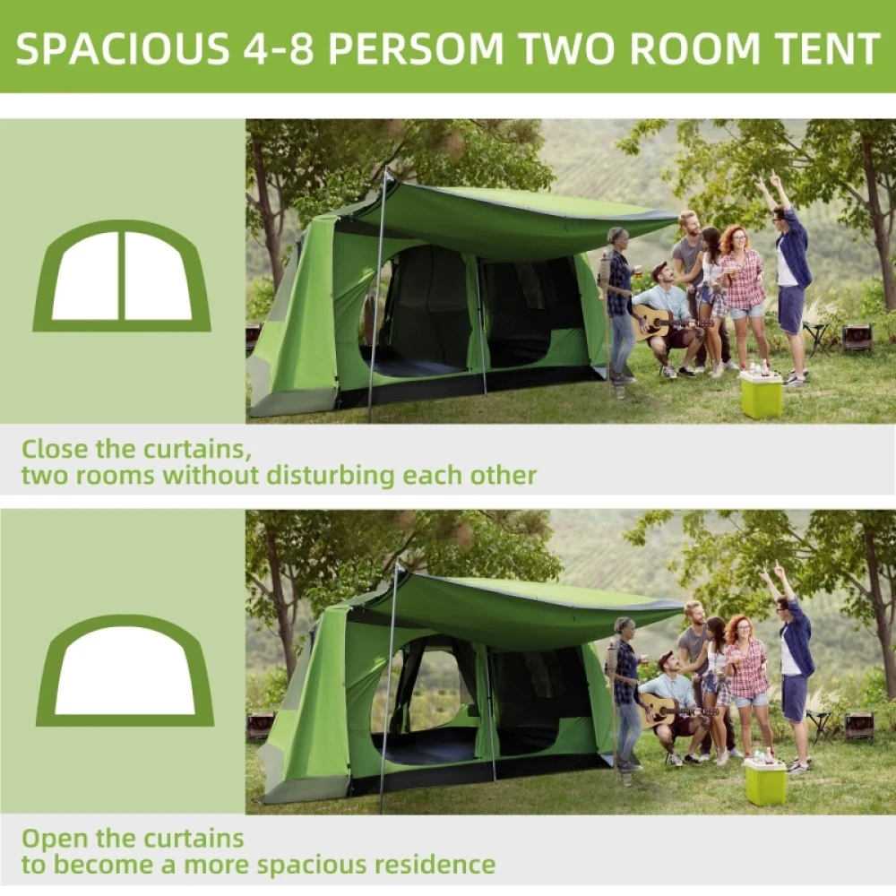 Tunnel Tent Camping Shelter W/ Porch, Two Rooms, Lamp Hook, Portable Carry Bag, Lightweight, High-Strength, and Wear-Resistant