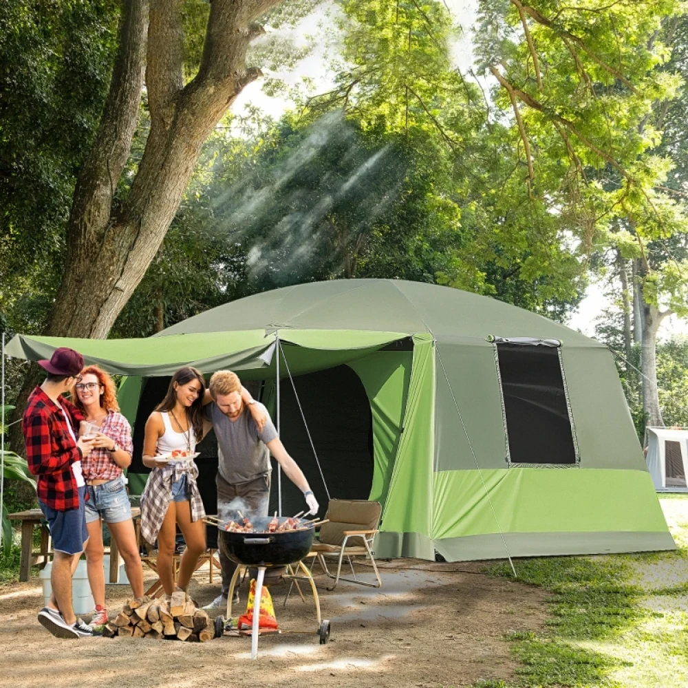 Tunnel Tent Camping Shelter W/ Porch, Two Rooms, Lamp Hook, Portable Carry Bag, Lightweight, High-Strength, and Wear-Resistant
