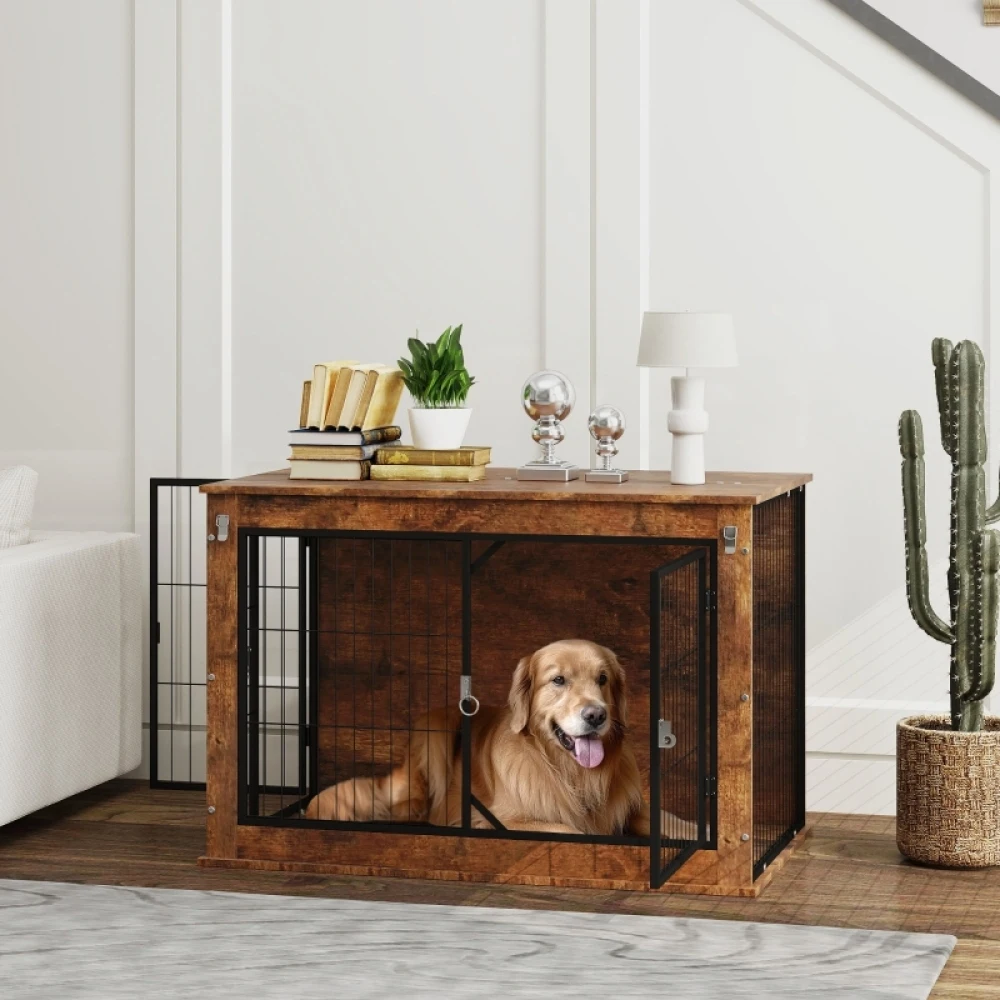 PINGGO Dog Crate Furniture with Openable Top, Two Doors, for Large Dogs, Easy to store, ventilated and breathable