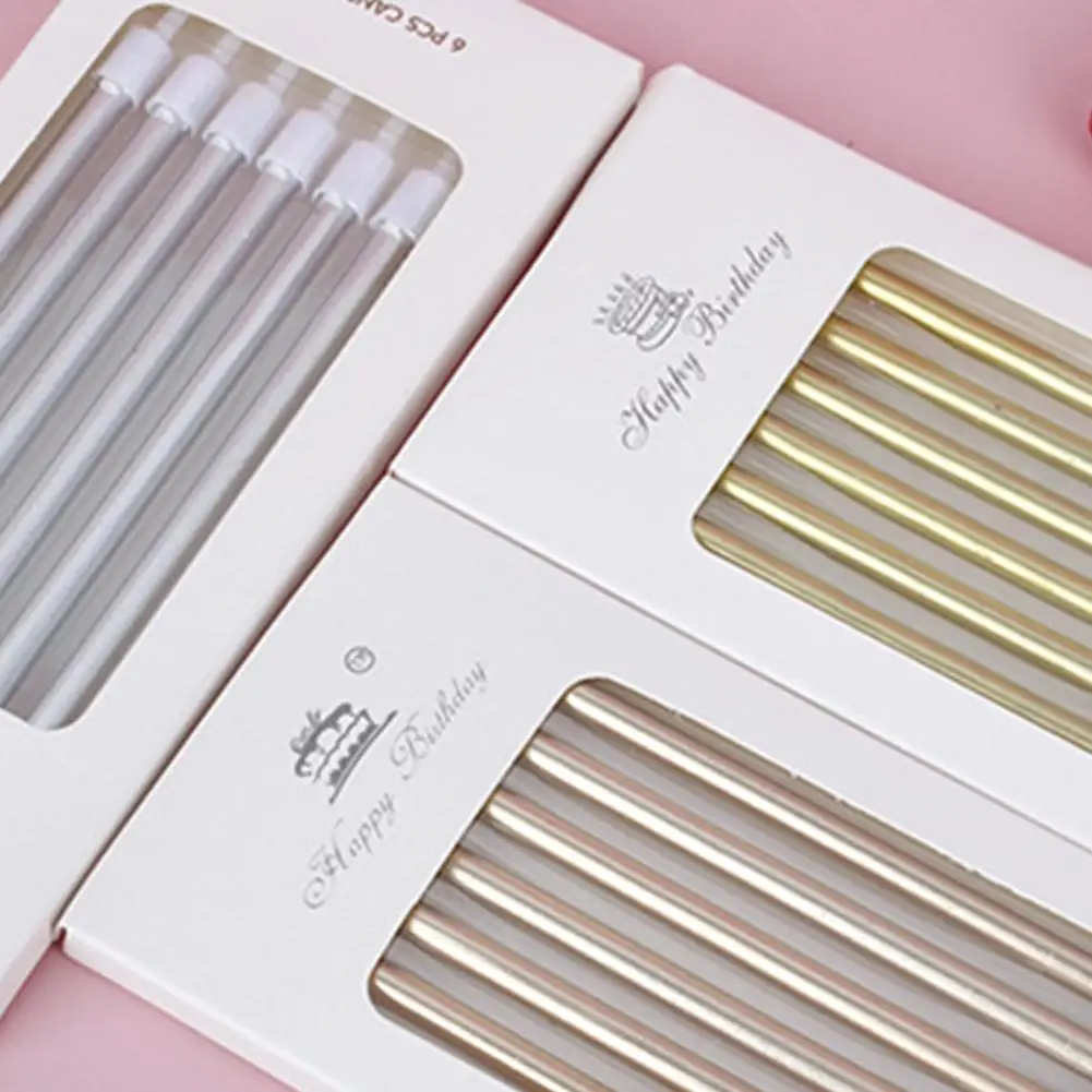 6pcs Metal Gold Silver Birthday Candles DIY Colorful Cake Decoration Baby Shower Gender Reveal Cupcake Decorating Candle Toppers