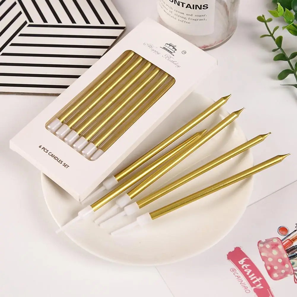 6pcs Metal Gold Silver Birthday Candles DIY Colorful Cake Decoration Baby Shower Gender Reveal Cupcake Decorating Candle Toppers