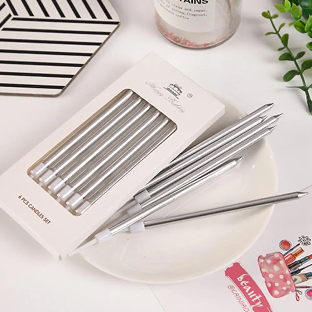 6pcs Metal Gold Silver Birthday Candles DIY Colorful Cake Decoration Baby Shower Gender Reveal Cupcake Decorating Candle Toppers
