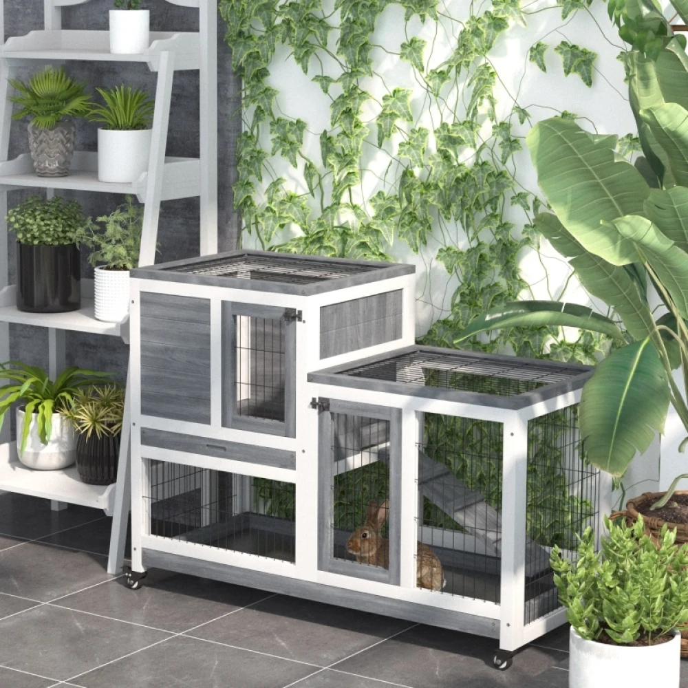 PINGGO Wooden Indoor Rabbit Hutch Guinea Pig House Bunny Small Animal Cage W/ Wheels Enclosed Run 110 X 50 X 88 cm, Grey