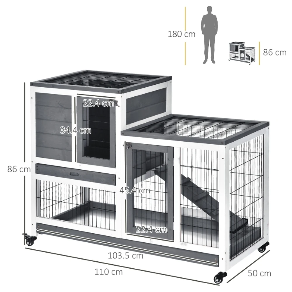PINGGO Wooden Indoor Rabbit Hutch Guinea Pig House Bunny Small Animal Cage W/ Wheels Enclosed Run 110 X 50 X 88 cm, Grey