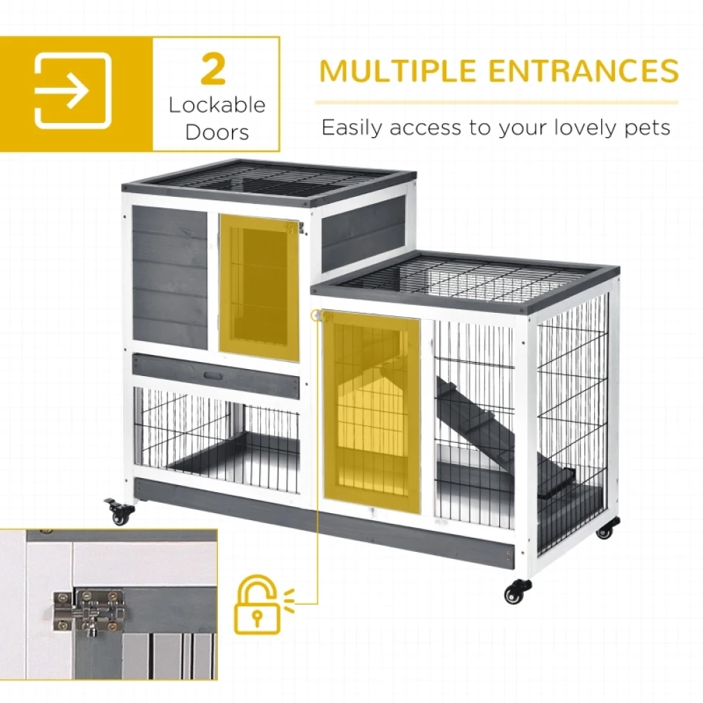 PINGGO Wooden Indoor Rabbit Hutch Guinea Pig House Bunny Small Animal Cage W/ Wheels Enclosed Run 110 X 50 X 88 cm, Grey