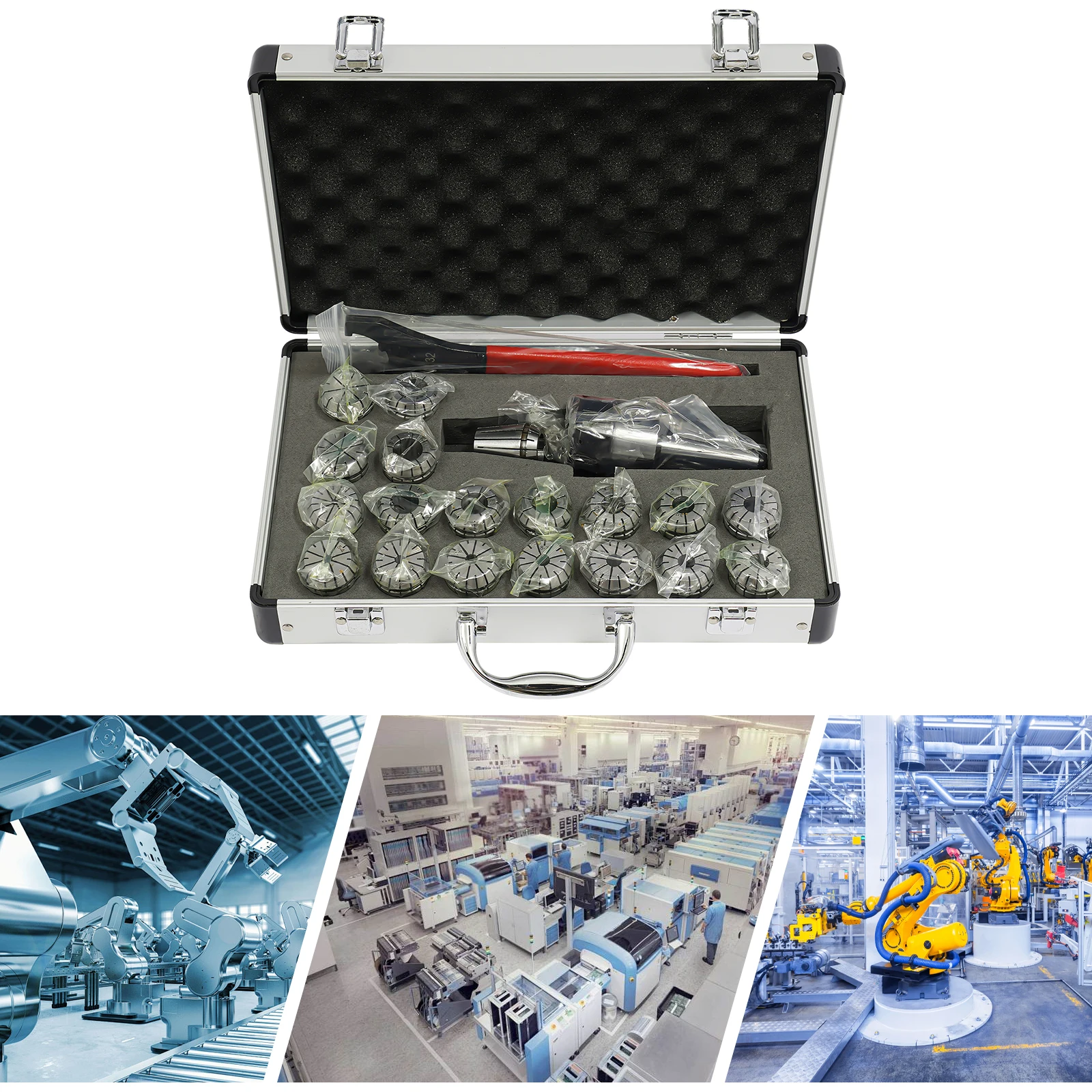 High Precision 0.015mm ER32 Spring Collet Set 19pcs 2-20mm W/Chuck & Wrench for MT2 Tailstock Milling Drilling Portable Case