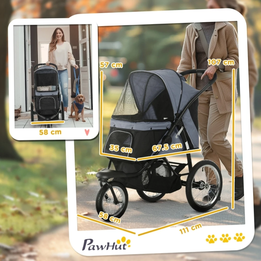 PINGGO Pet Stroller Jogger for Medium Small Dogs, Foldable Cat Pram Dog Pushchair with Adjustable Canopy, 3 Big Wheels, Grey