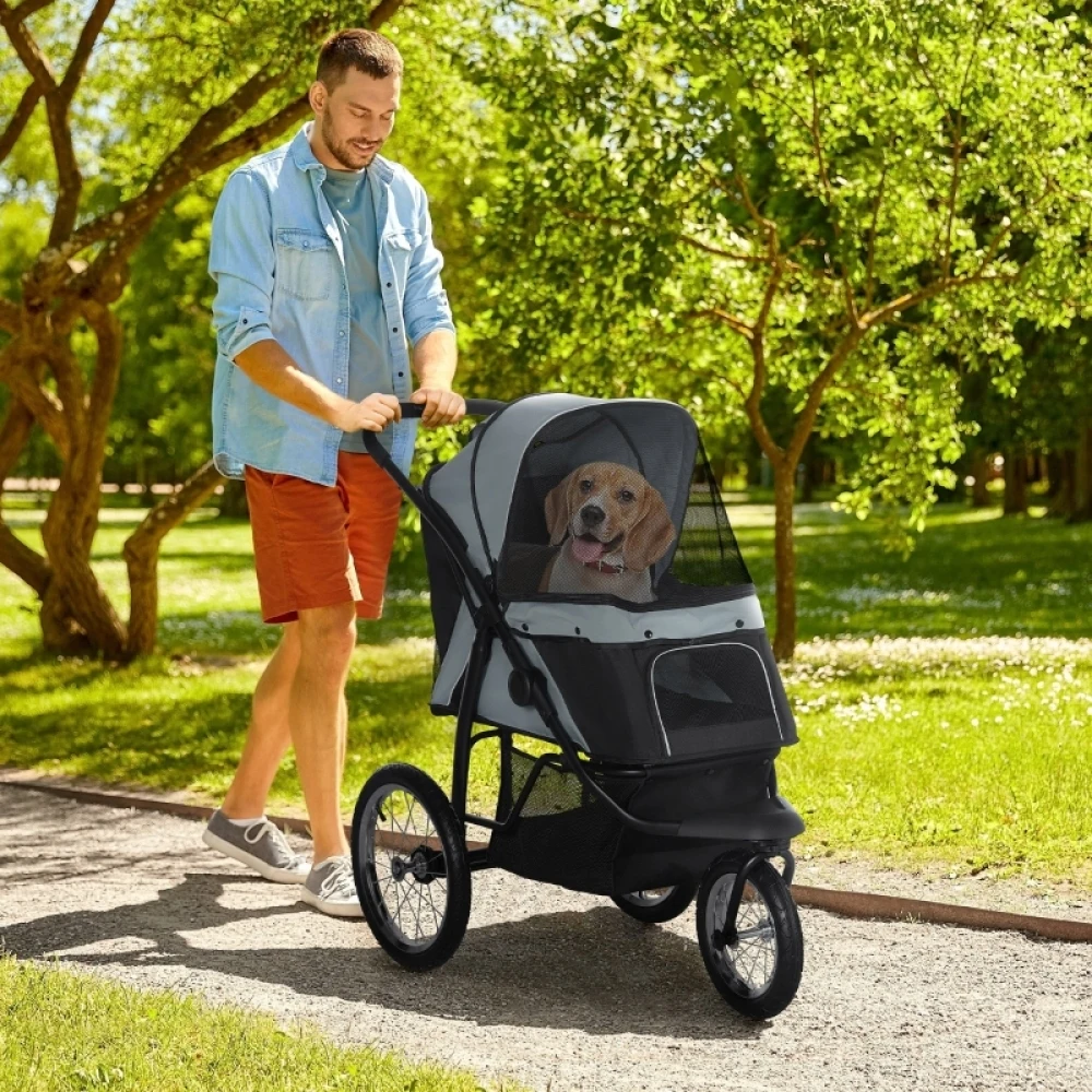 PINGGO Pet Stroller Jogger for Medium Small Dogs, Foldable Cat Pram Dog Pushchair with Adjustable Canopy, 3 Big Wheels, Grey