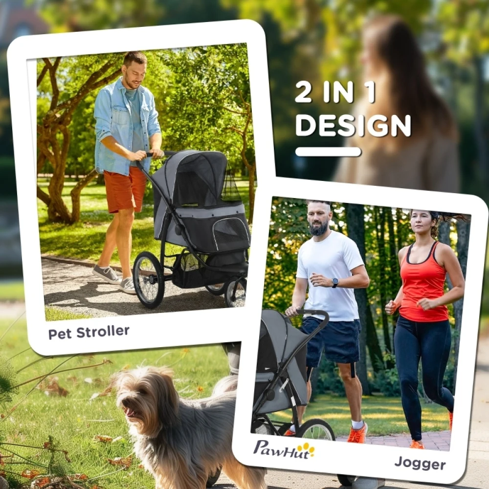 PINGGO Pet Stroller Jogger for Medium Small Dogs, Foldable Cat Pram Dog Pushchair with Adjustable Canopy, 3 Big Wheels, Grey