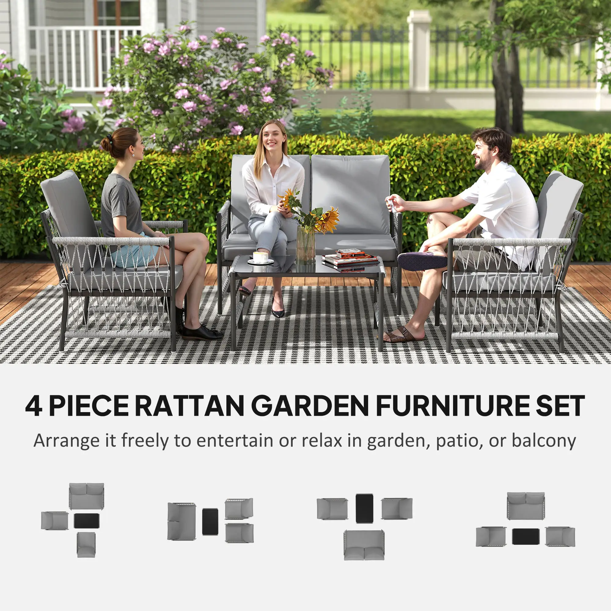 Outsunny 4 Piece Rattan Garden Furniture Set, 4 Seater Wicker Patio Conversation Set with 2 Armchairs, Loveseat, Glass