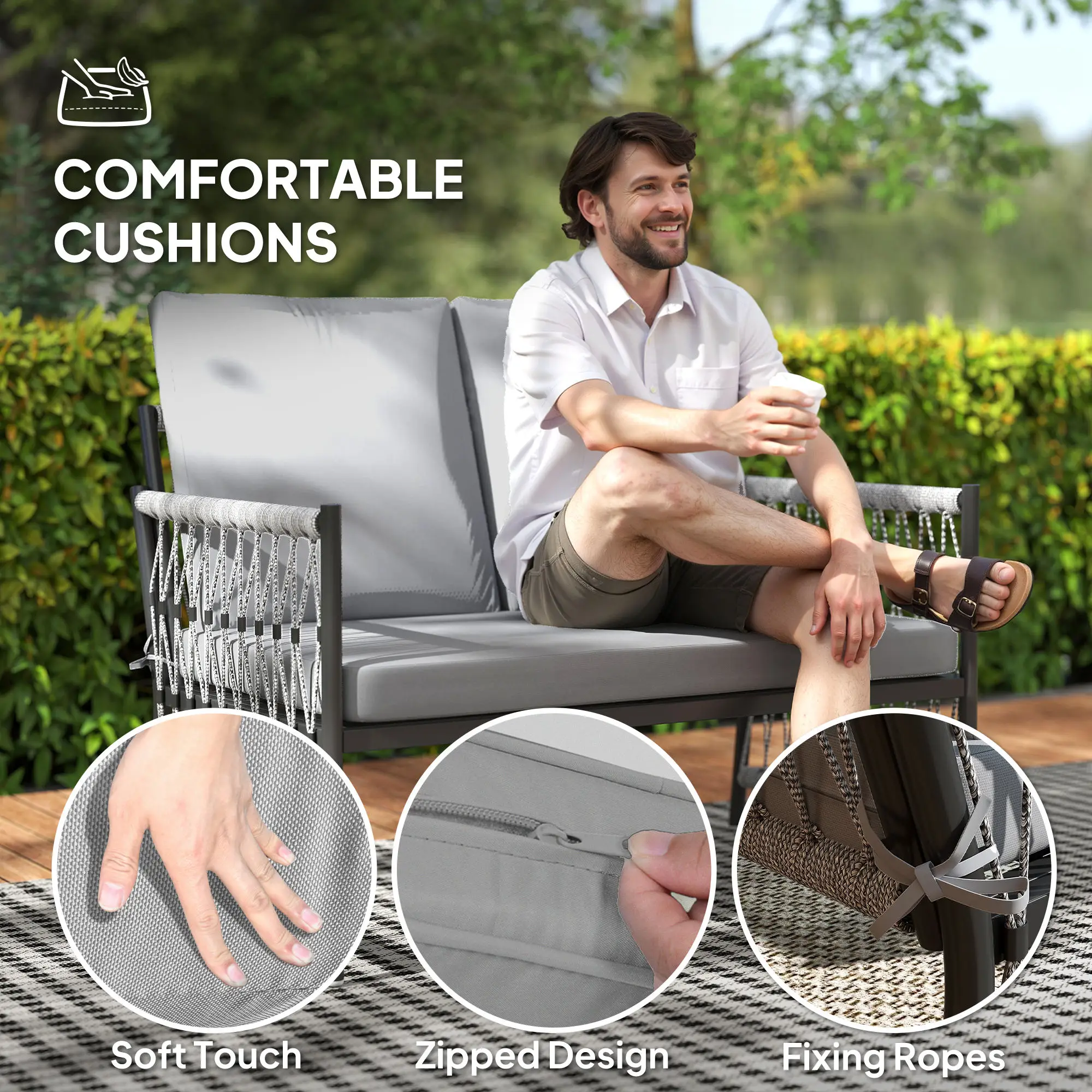 Outsunny 4 Piece Rattan Garden Furniture Set, 4 Seater Wicker Patio Conversation Set with 2 Armchairs, Loveseat, Glass