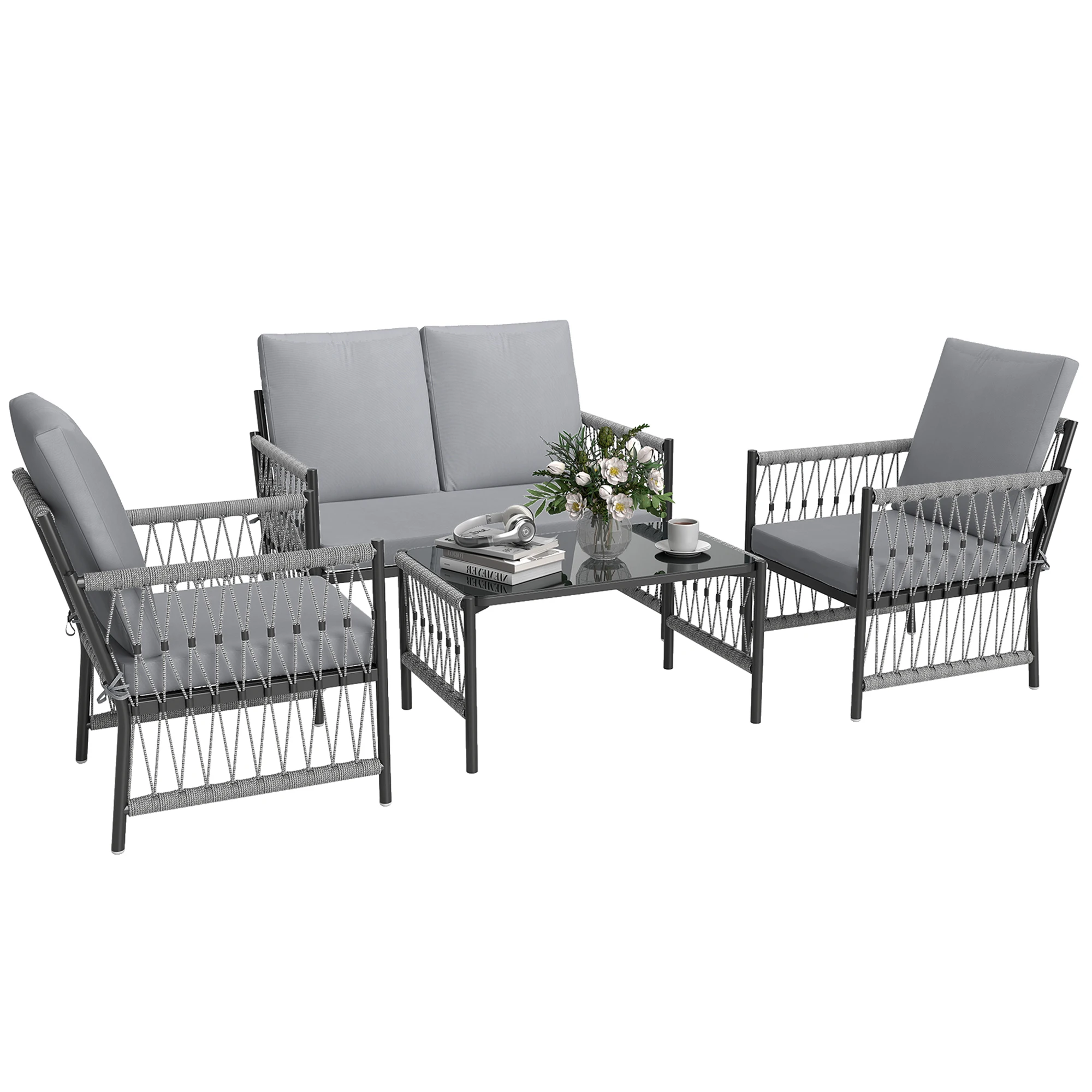 Outsunny 4 Piece Rattan Garden Furniture Set, 4 Seater Wicker Patio Conversation Set with 2 Armchairs, Loveseat, Glass