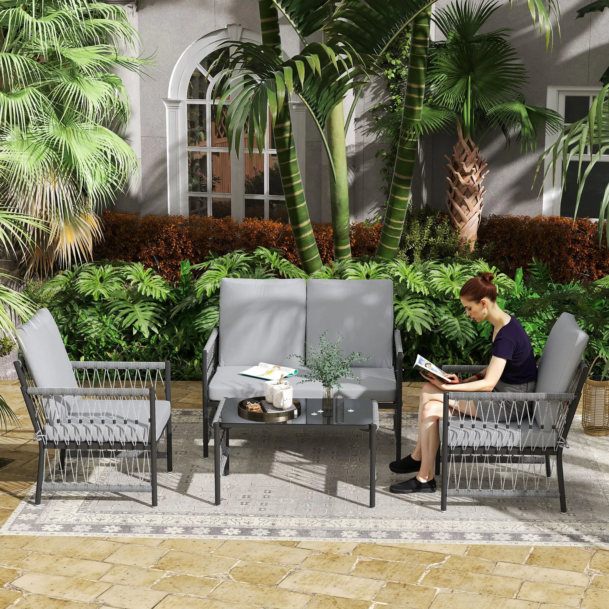 Outsunny 4 Piece Rattan Garden Furniture Set, 4 Seater Wicker Patio Conversation Set with 2 Armchairs, Loveseat, Glass