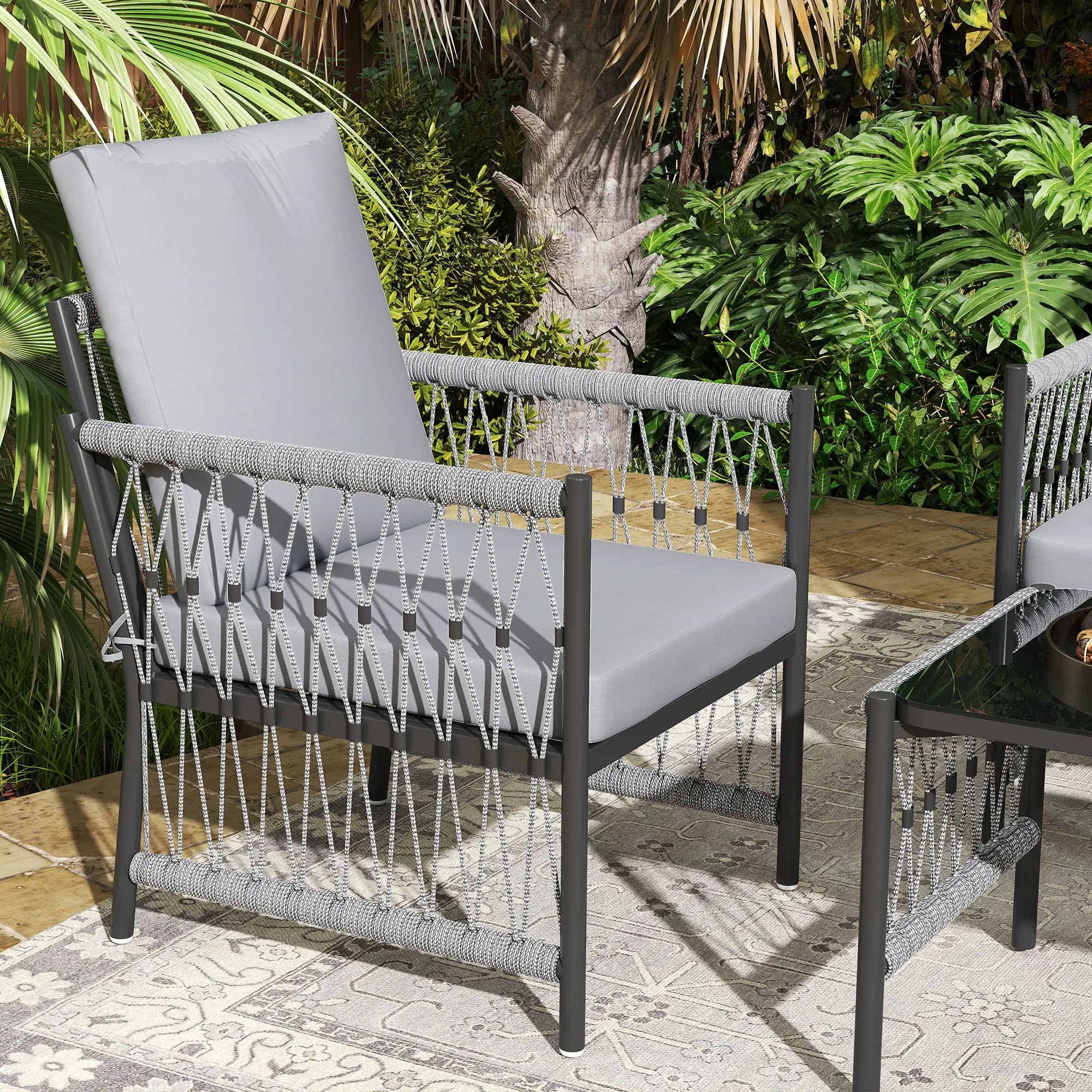 Outsunny 4 Piece Rattan Garden Furniture Set, 4 Seater Wicker Patio Conversation Set with 2 Armchairs, Loveseat, Glass