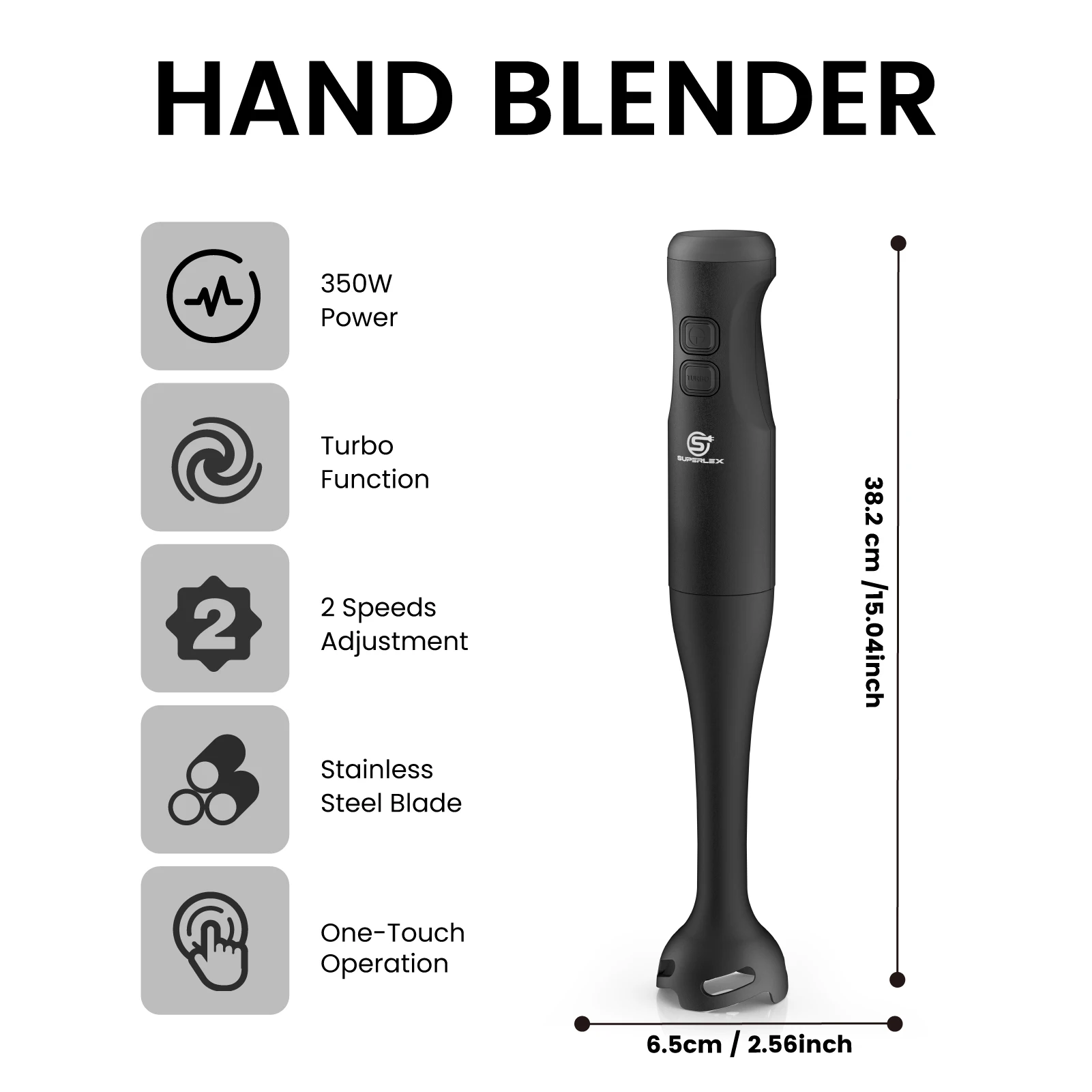 SUPERLEX 350W 4-in-1 Immersion Hand Stick Blender Set, 2 Speed & Turbo Control, Stainless Steel Blade, Includes Whisk, Chopper & Measuring Cup for Soup, Smoothies, Baby Food & Minced Meat