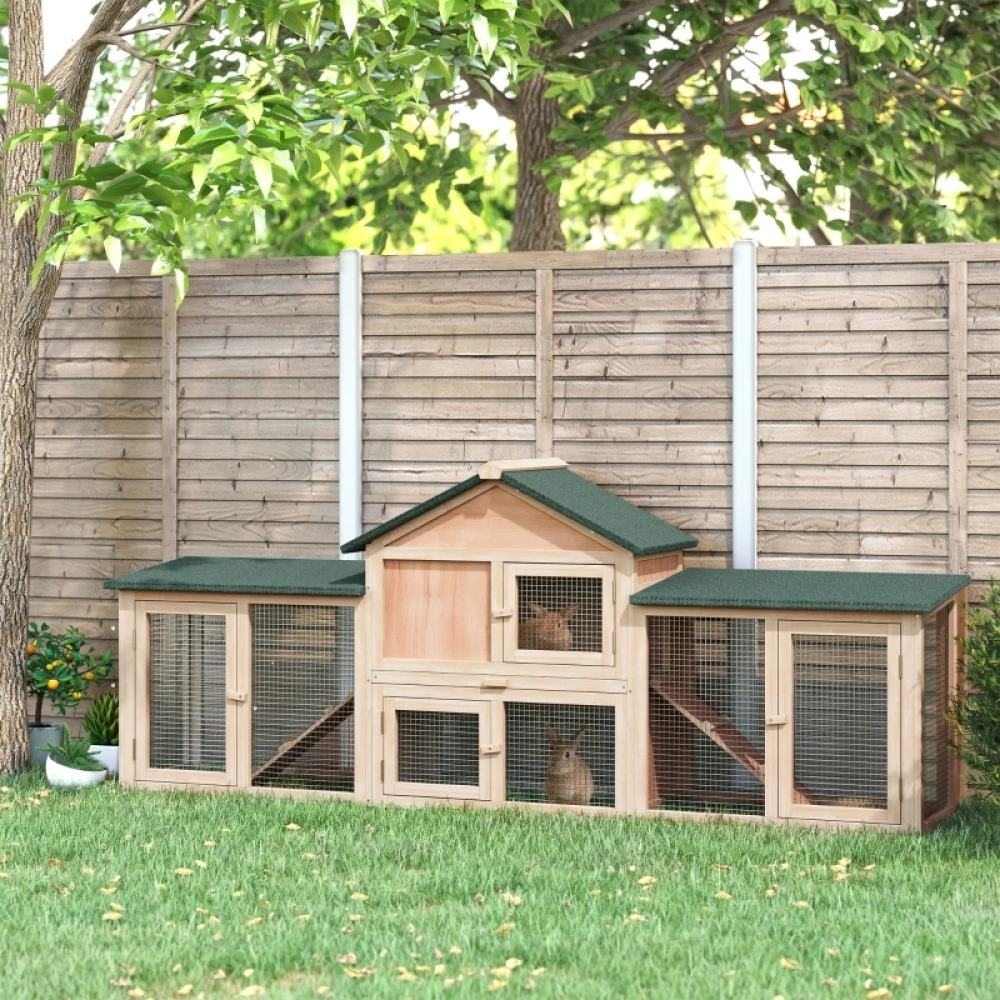 PINGGO Large Rabbit Hutch Outdoor Wooden Guinea Pig Hutch with Run, 2 Storey Bunny House 210 X 45.5 X 84.5 cm
