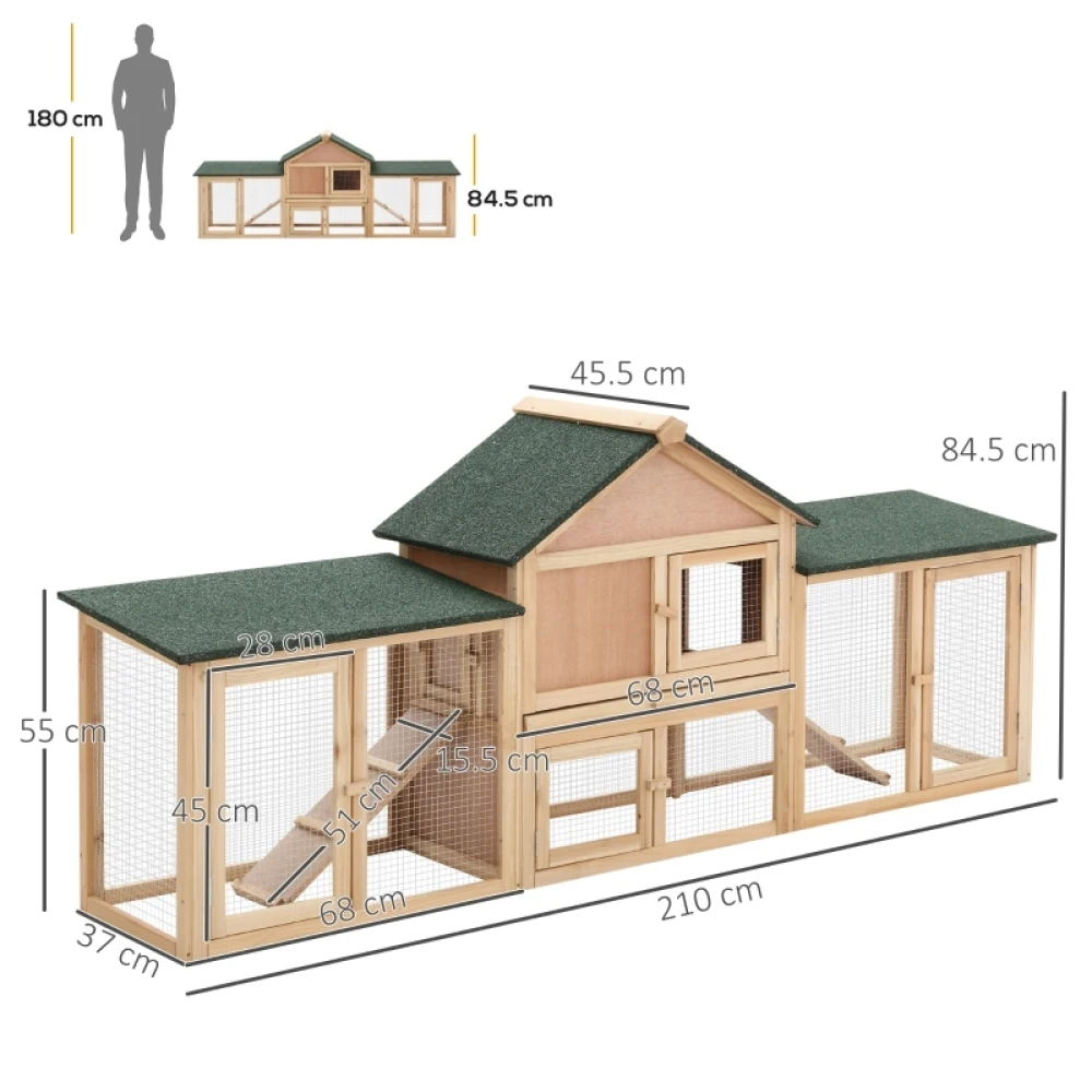 PINGGO Large Rabbit Hutch Outdoor Wooden Guinea Pig Hutch with Run, 2 Storey Bunny House 210 X 45.5 X 84.5 cm
