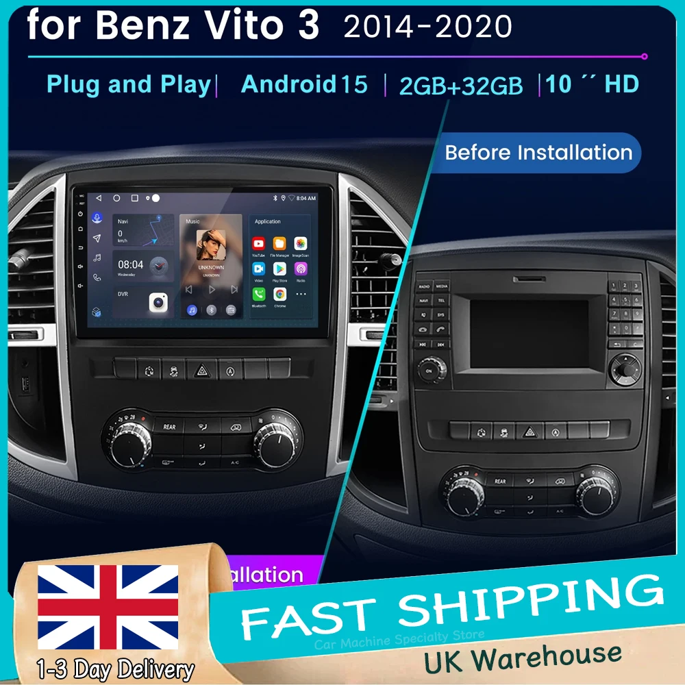 10in2+32G Car Stereo Radio for Mercedes-Benz Vito 3 W447 2014-2020 Android15 with CarPlay Android Auto GPS FM/RDS Bluetooth Wifi