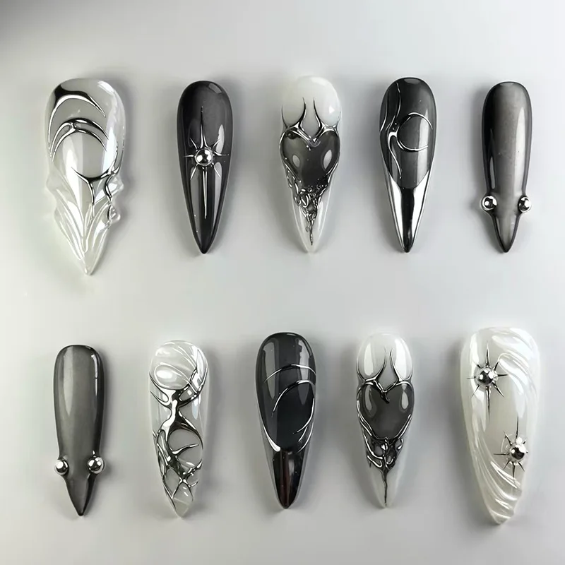24Pcs 3D Green Ripple Design False Nails Cat's Eye French Almond Fake Nail Tips Leaves Pattern Removable Oval Press on Nails