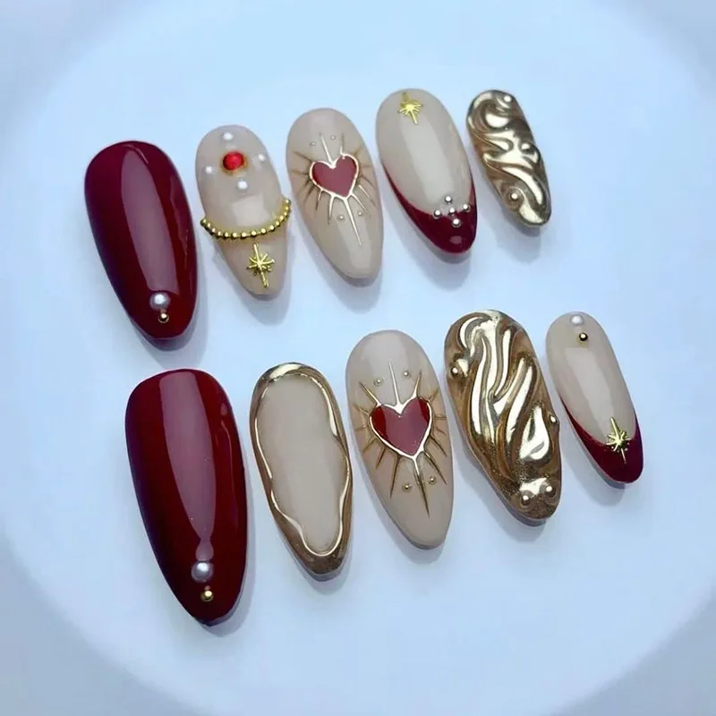 24Pcs 3D Green Ripple Design False Nails Cat's Eye French Almond Fake Nail Tips Leaves Pattern Removable Oval Press on Nails