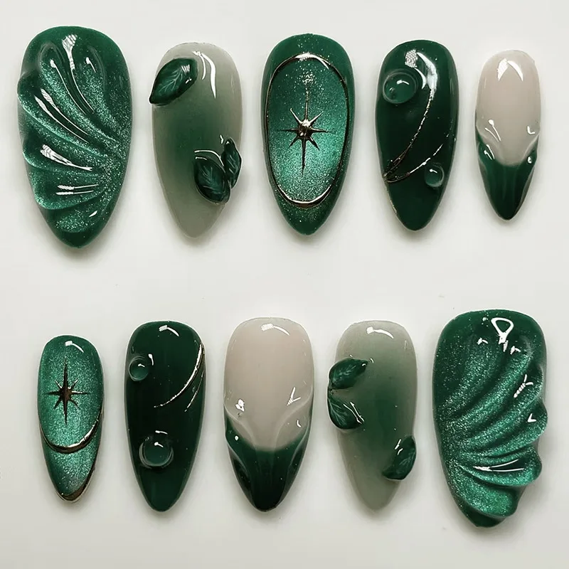 24Pcs 3D Green Ripple Design False Nails Cat's Eye French Almond Fake Nail Tips Leaves Pattern Removable Oval Press on Nails