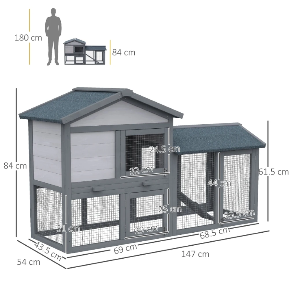 PINGGO Wooden Rabbit Hutch Outdoor, Double Tier with Water-Resistant Roof, Ramp 147 X 54 X 84 cm, Grey