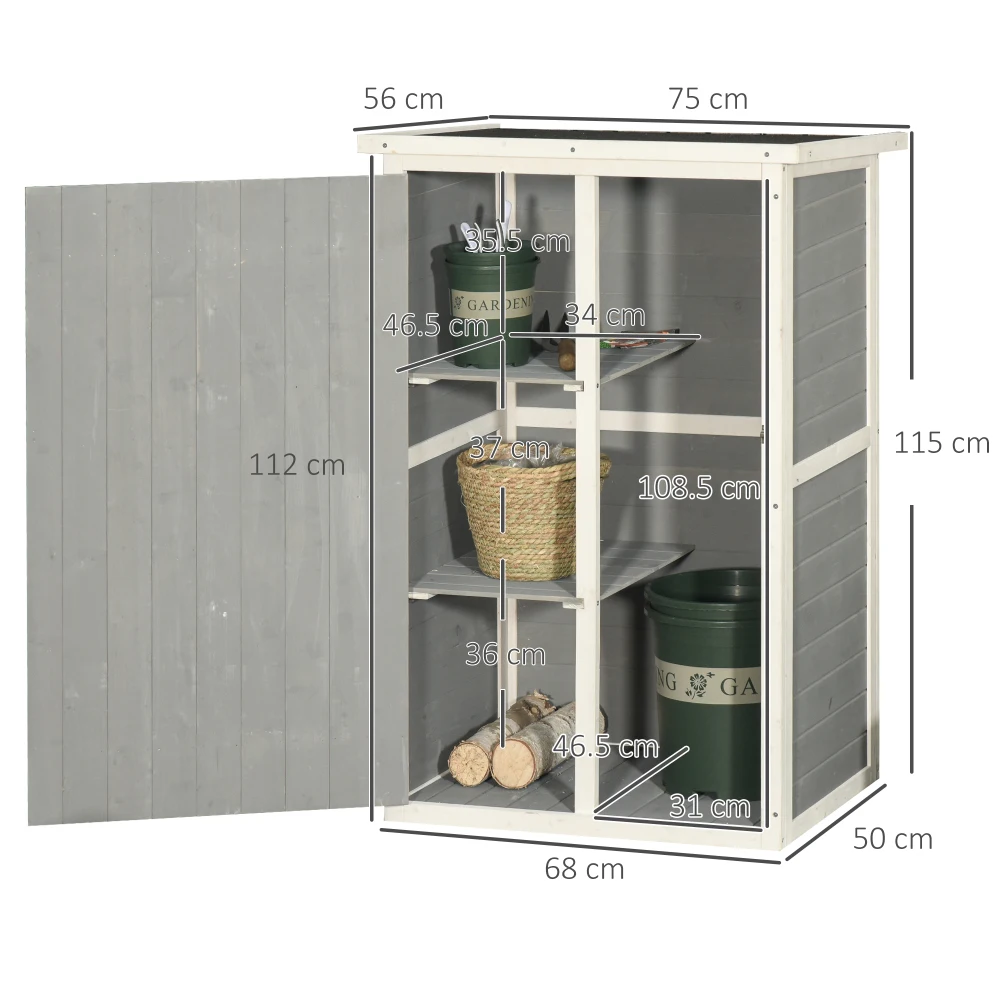 PINGGO Wooden Small Shed, Garden Storage Shed with Shelves and Bolt Latch, 75L X 56W X115H cm, Grey