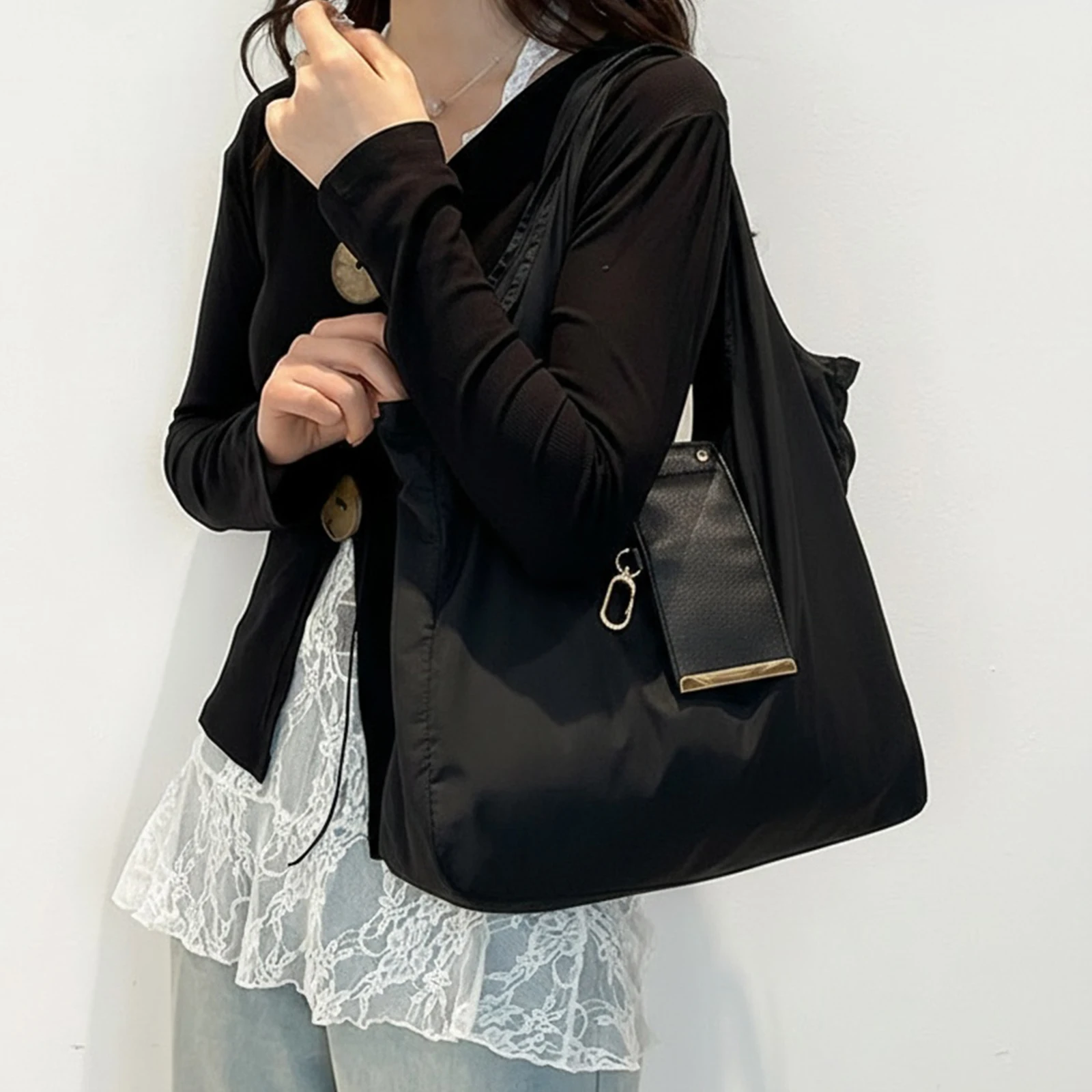 PU Leather Foldable Tote Bag with Key Ring Portable Wallet Purse Large Capacity Collapsible Travel Storage Bag for Daily Errands