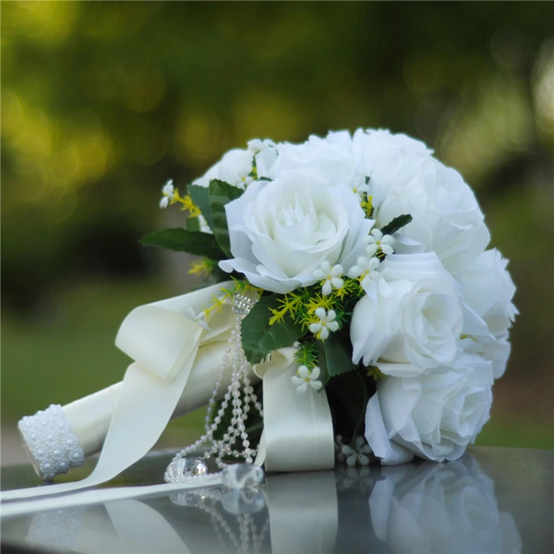 Holding Flowers Artificial Natural Rose Wedding Bouquet With Silk Satin Ribbon White Champagne Bride Bouquet Wedding Supplies