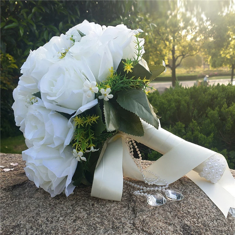 Holding Flowers Artificial Natural Rose Wedding Bouquet With Silk Satin Ribbon White Champagne Bride Bouquet Wedding Supplies
