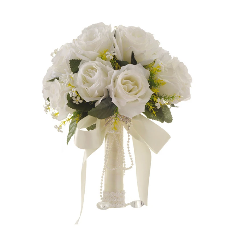 Holding Flowers Artificial Natural Rose Wedding Bouquet With Silk Satin Ribbon White Champagne Bride Bouquet Wedding Supplies