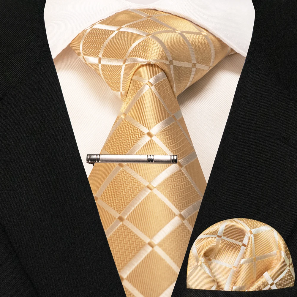 New Fashion Black Plaid Men's Tie 8cm Silk Business Necktie Handkerchief Tie clips set Wedding Party Tie Gift For Men