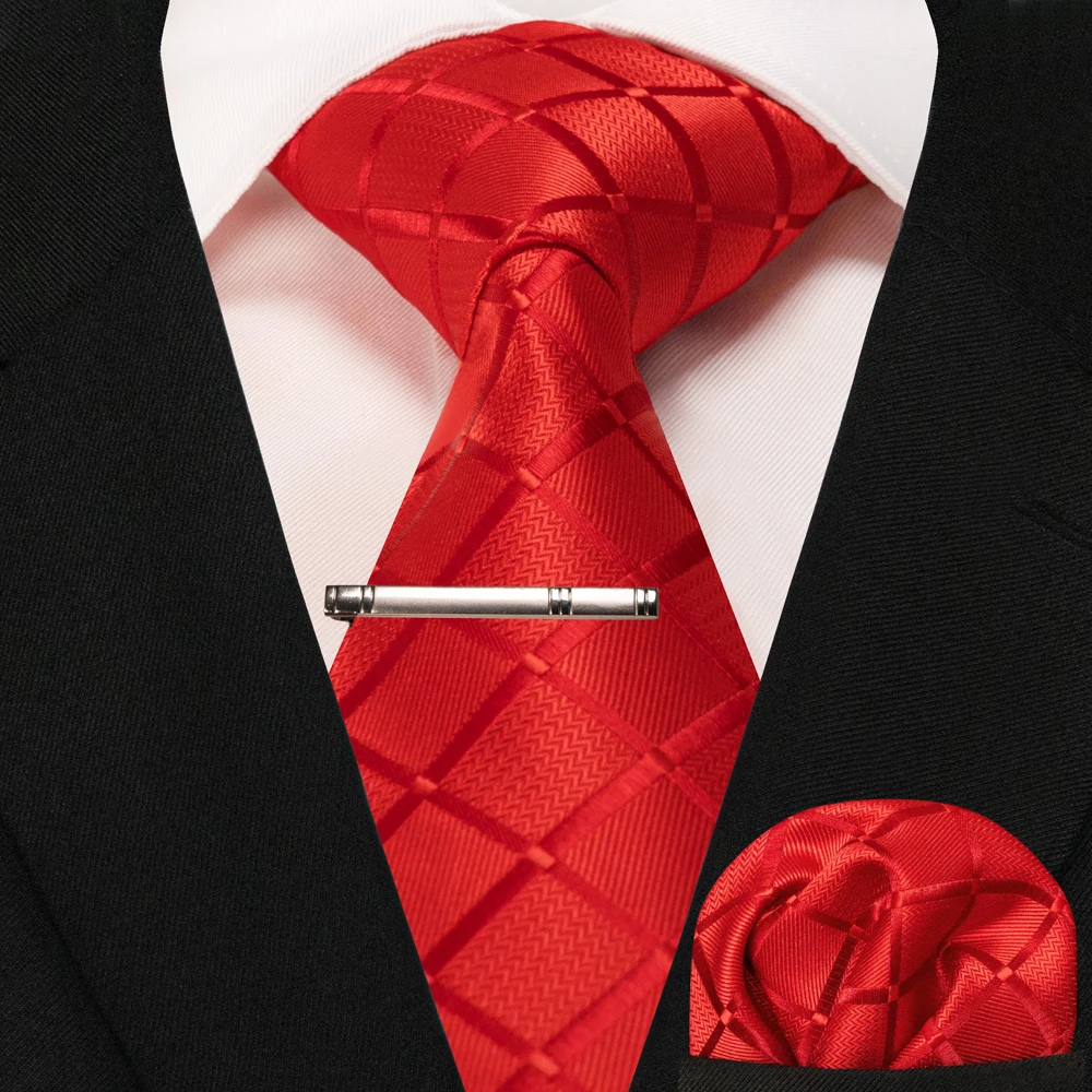 New Fashion Black Plaid Men's Tie 8cm Silk Business Necktie Handkerchief Tie clips set Wedding Party Tie Gift For Men
